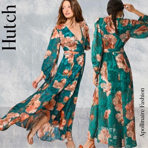 HUTCH FOR ANTHROPOLOGIE LINDIE WRAP MAXI DRESS LARGE PETITE FLORAL GREEN COMBO - Picture 2 of 9